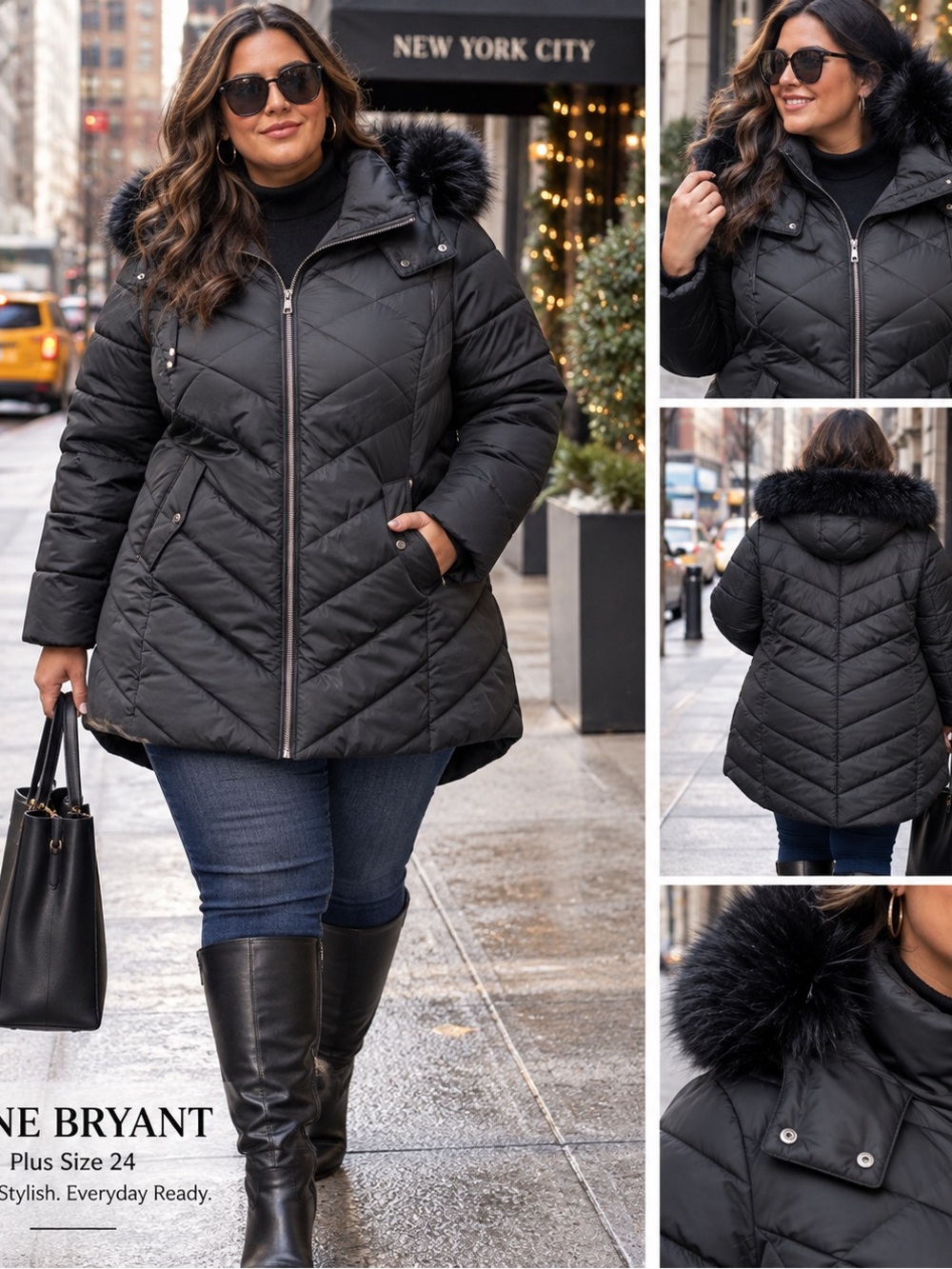 Lane Bryant Black Quilted Puffer Coat with Faux Fur Hood Size 22/24